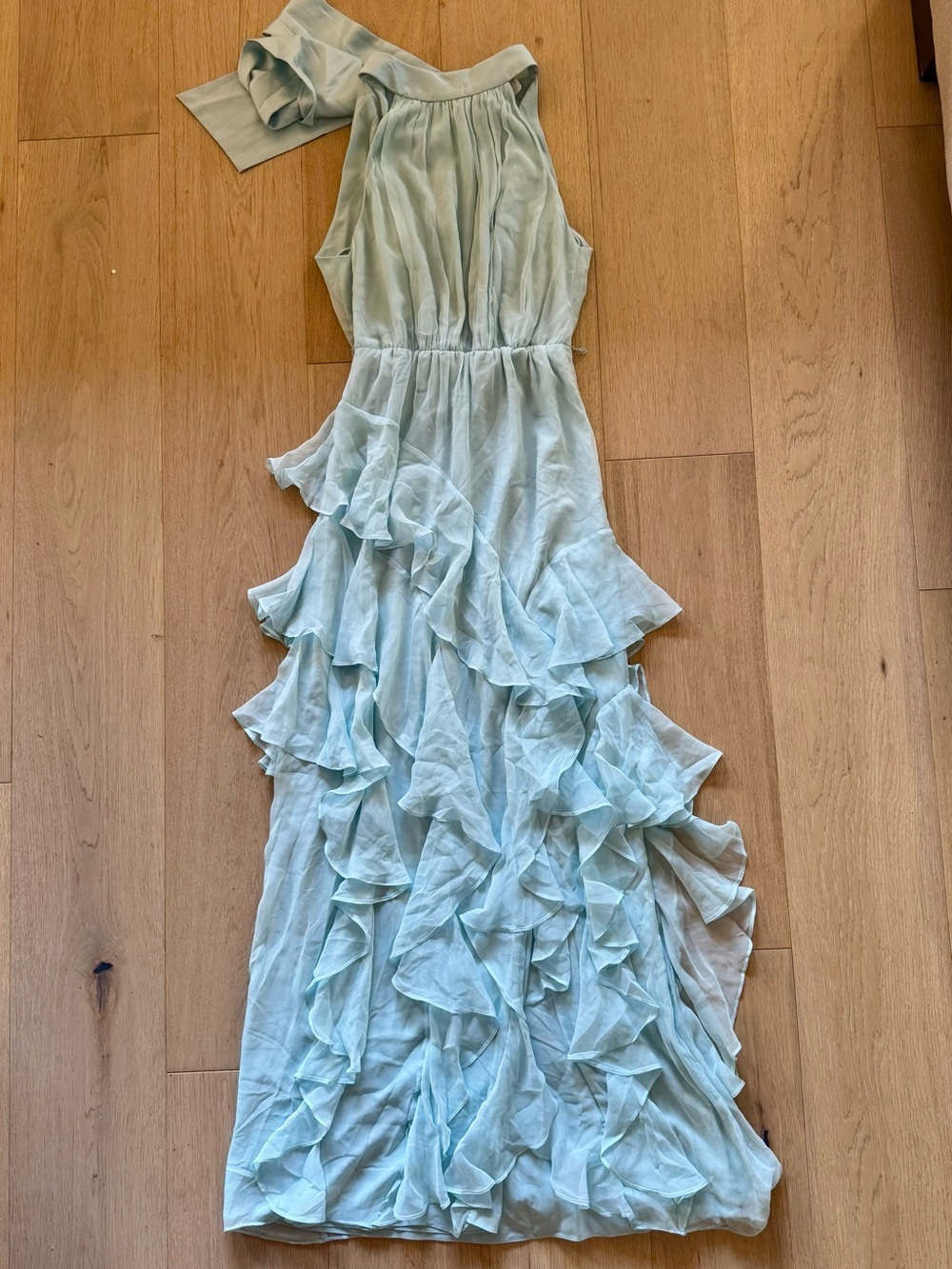 Alice + Olivia Emilia Ruffle Bow Neck Silk Gown in Julep - Picture 5 of 9